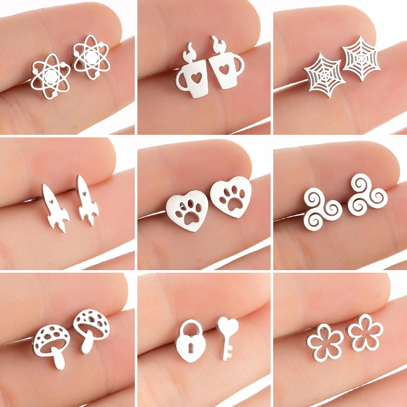 Adorável cão pata brincos feminino vários brincos de aço inoxidável moda jóias cogumelo foguete mais leve orelha studs presente estranho