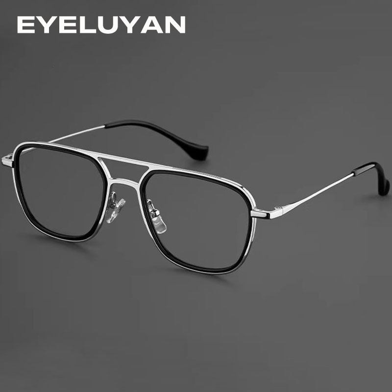 EYELUYAN Men's Retro Double Bridge Pilot Square Glasses Titanium Metal Frame Optical Eyeglasses Myopia Frames Fashion Eyewear