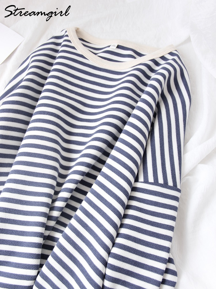 Schwarz-weiß gestreifte, übergroße Sweatshirts für Damen, Pullover, Herbst 2022, lockeres, dünnes Sweatshirt, lange, breite Ärmel, Tops für Damen