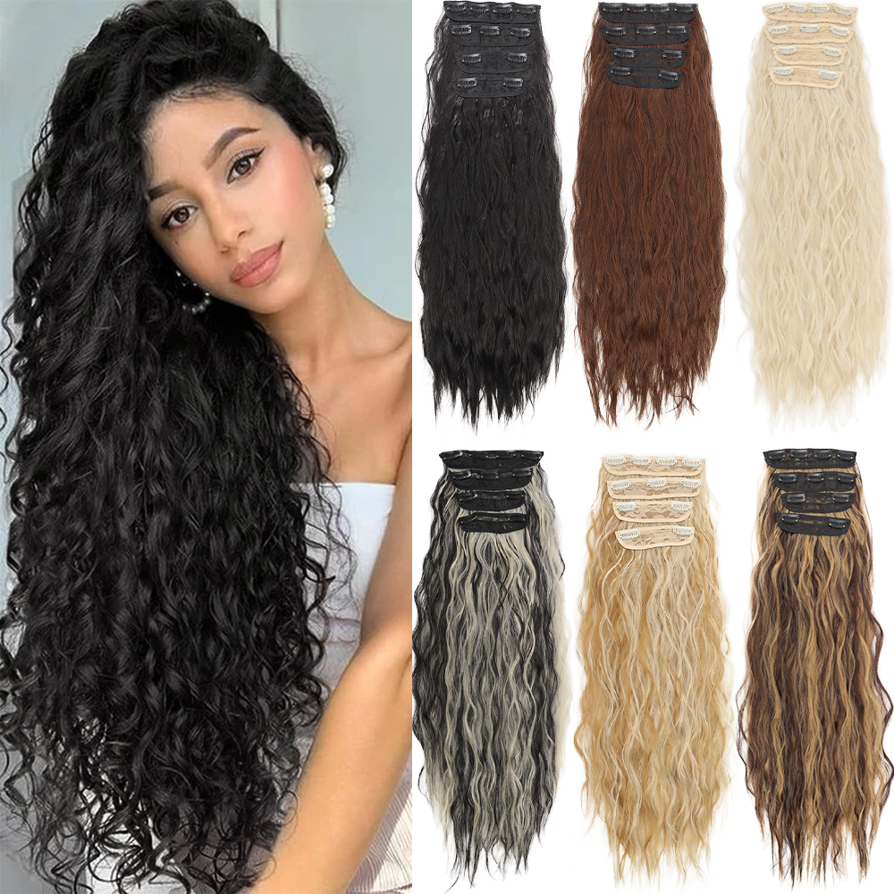 女性用クリップ付きヘアエクステンション,黒,マーメイドスタイル,人工毛,波状,24インチ,4個