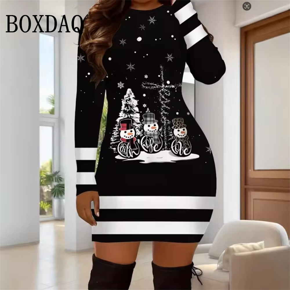 Women Christmas Party Dress 3D Funny Snowman Christmas Element Printed Dress 2025 Autumn Winter Long Sleeve Casual Bodycon Dress
