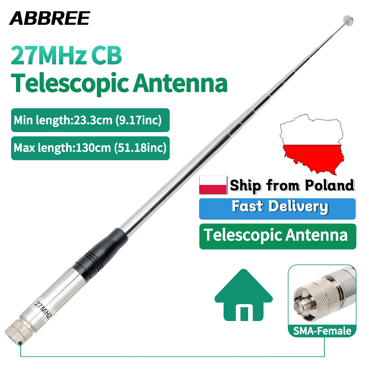 ABBREE 27MHz Handgehaltene Teleskop-CB-Antenne mit 20W Faltantenne 2,15dBi für Cobra Midland Uniden Maxon President Anytone Bajeton Radtel CB-Funkgeräte