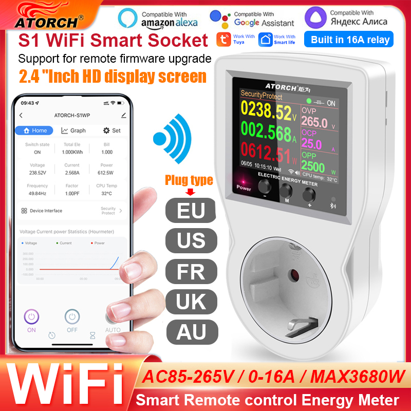 AC 220V Tuya Smart Life WiFi-aansluiting Digitale stroomfrequentie Energiemeter Elektrische tijdcontroller Amp KWh Afstandsbediening Schakelaar Watmeter