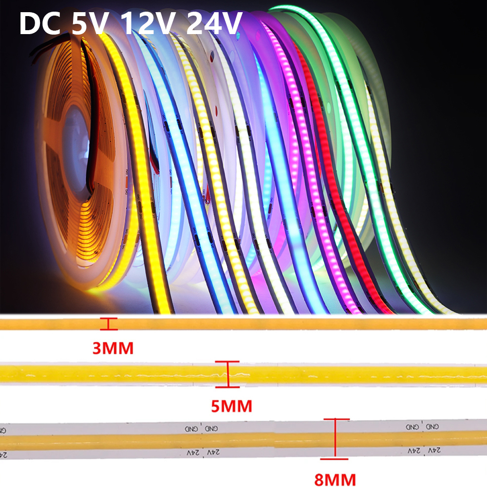 Tira de LED COB 5V 12V 24V alto brillo 320LEDs/m cinta LED COB 3mm 5mm 8mm barra de luz blanco 4000K blanco cálido rojo verde azul