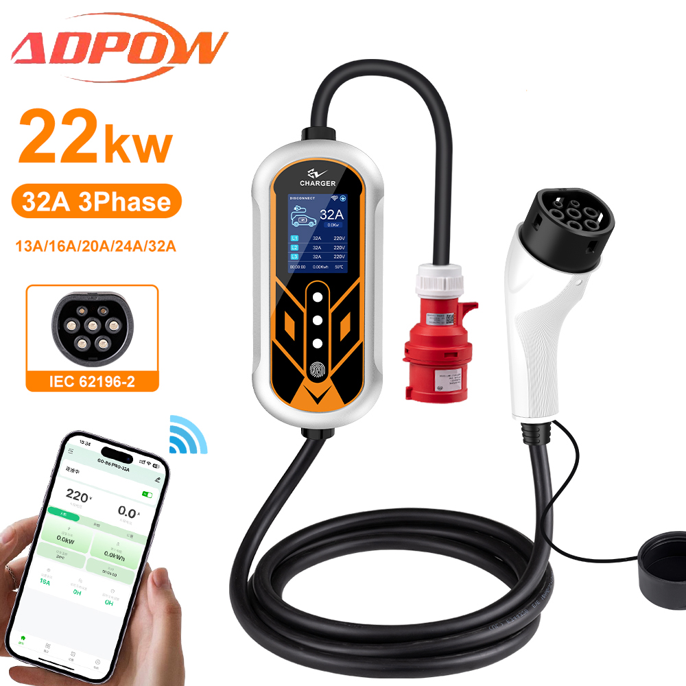 ADPOW Портативные 32A Type2 Зарядные устройства для электромобилей 3-фазные 22 кВт Красный 5-контактный разъем CEE 5M Кабель WIFI APP Управление Аксессуары для зарядки электромобилей