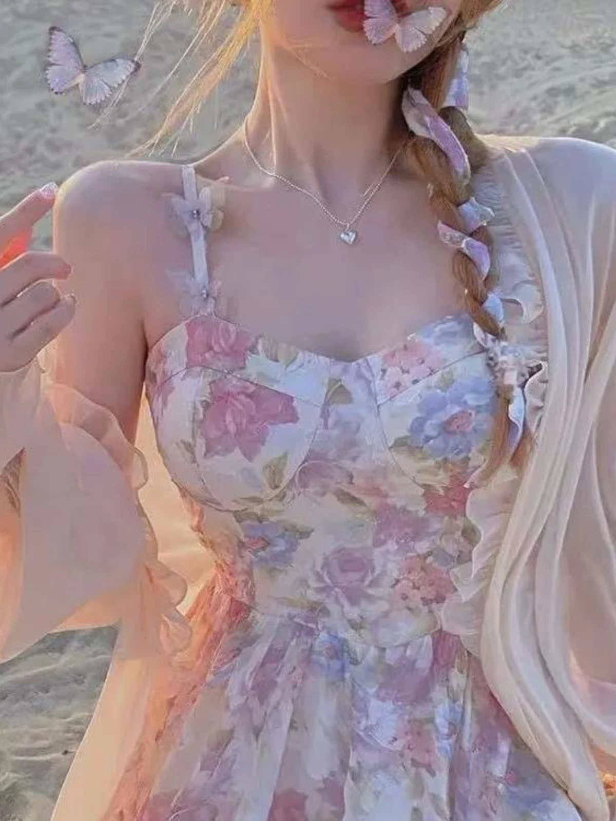 Women's Clothing Summer French Sexy Short Skirt Floral Suspenders Chiffon Dress Sun Protection Shirt Korean Version Beach Dress