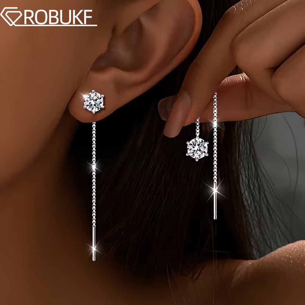 Pendientes largos con borlas de diamantes de moissanita redondos de 5/6.5mm para mujer, clásicos con seis garras, de plata de ley 925.
