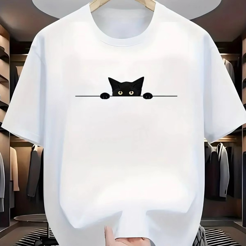 Men'S Casual Black T-Shirt with Cute Cat Design Soft Polyester Short Sleeve Summer Fashion Essential for Casual Attire Tops