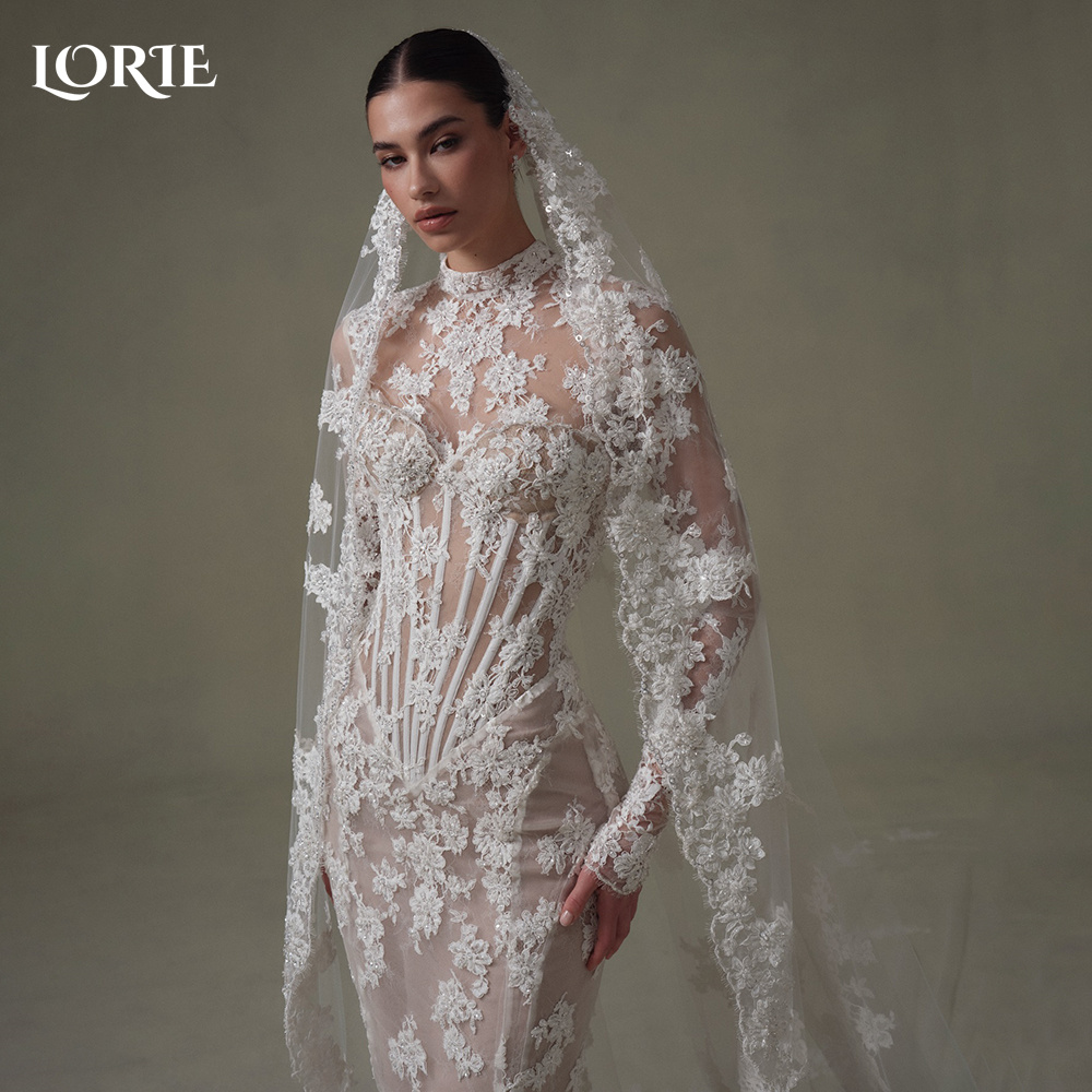 Lorie vintage renda sereia vestido de casamento sexy gola alta manga longa vestido de noiva sem costas princesa vestido de noiva personalizado