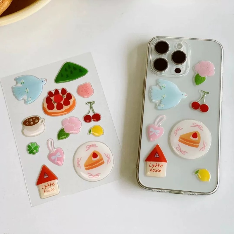 Cute Cartoon Bird Cake 3D Jelly Stickers Epoxy Resin Relief Decal DIY Waterproof Lovely Decoration for Phone Case Tablet Laptops