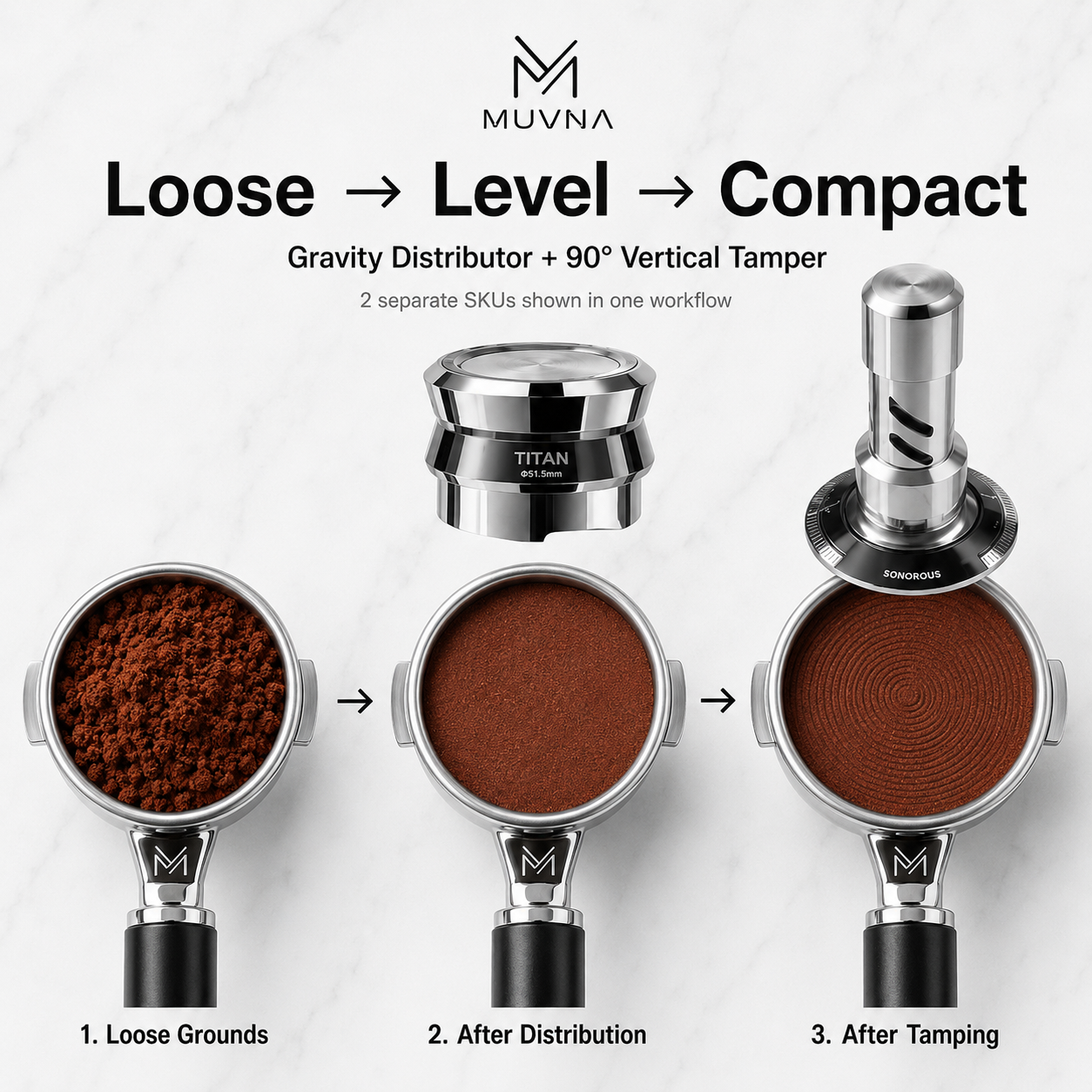 ที่กดกาแฟ MUVNA Constant Force Espresso Tamper ขนาด 51/53/58.35 มม. ทำจากสแตนเลส พร้อมตัวปรับระดับแรงกดด้วยระบบเกลียว แรงกด 25-35 ปอนด์ ปรับได้
