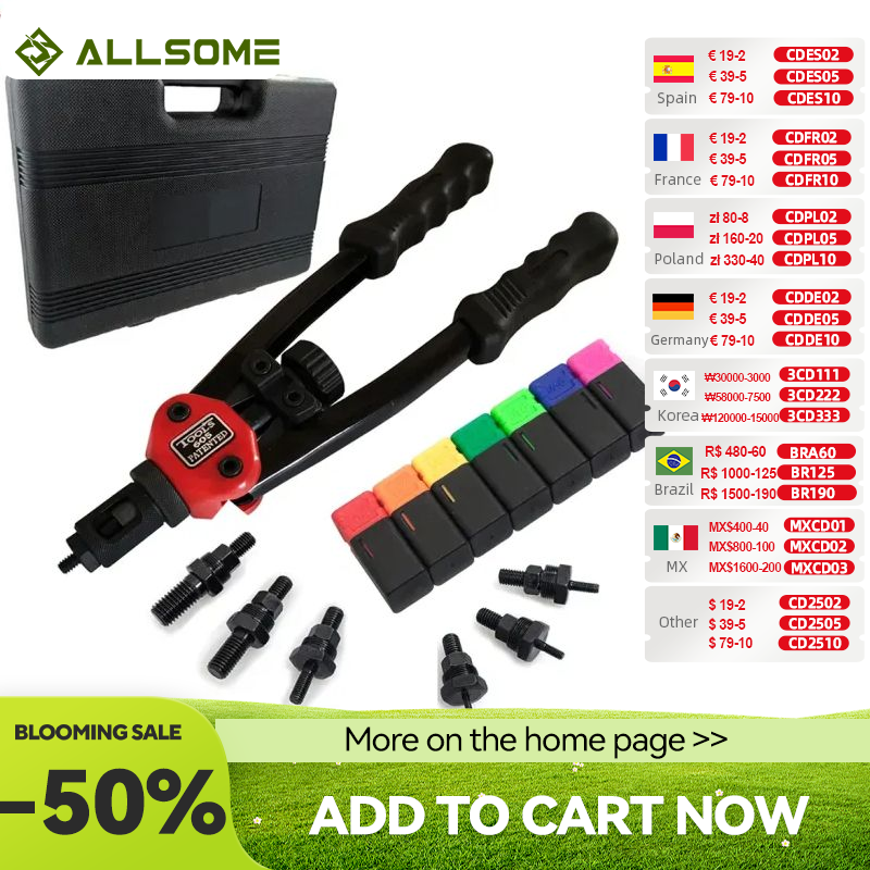 ALLSOME-pistola remachadora de BT-605, herramienta de remache automático de 12 pulgadas, herramienta de tuerca remachadora de inserción Manual, Mandriles manuales M3, M4, M5, M6, M8