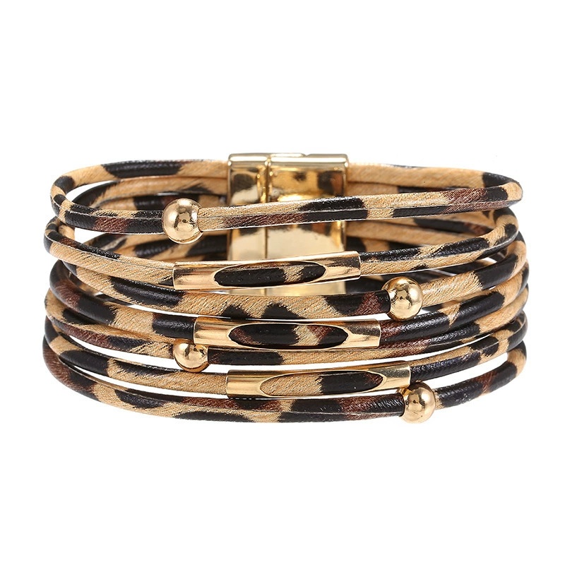 Bracelet en cuir imprimé léopard rétro en métal, multi-couches, pour hommes et femmes, bijou porte-bonheur tendance 2025