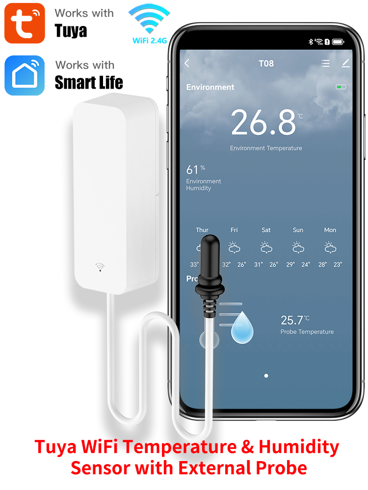 Tuya WiFi Temperature Humidity Sensor With External Probe for Smart Home Hygrometer APP Monitoring For Plants Aquarium Winery