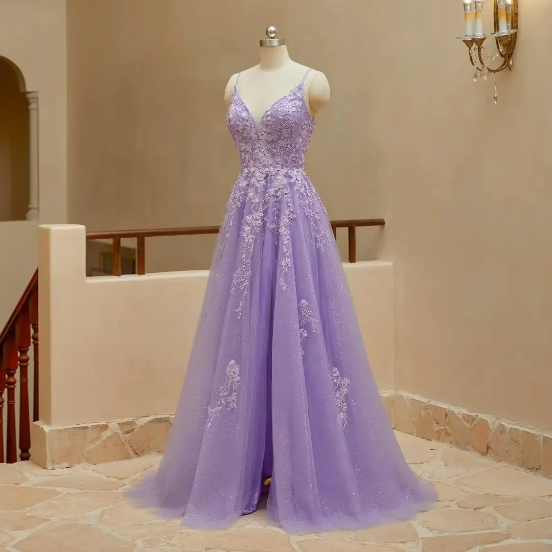 Spaghetti Strap Tulle Lace Appliques Formal dress Long Ball Gown for Women Spaghetti Straps Corset Backless Evening Party Dress