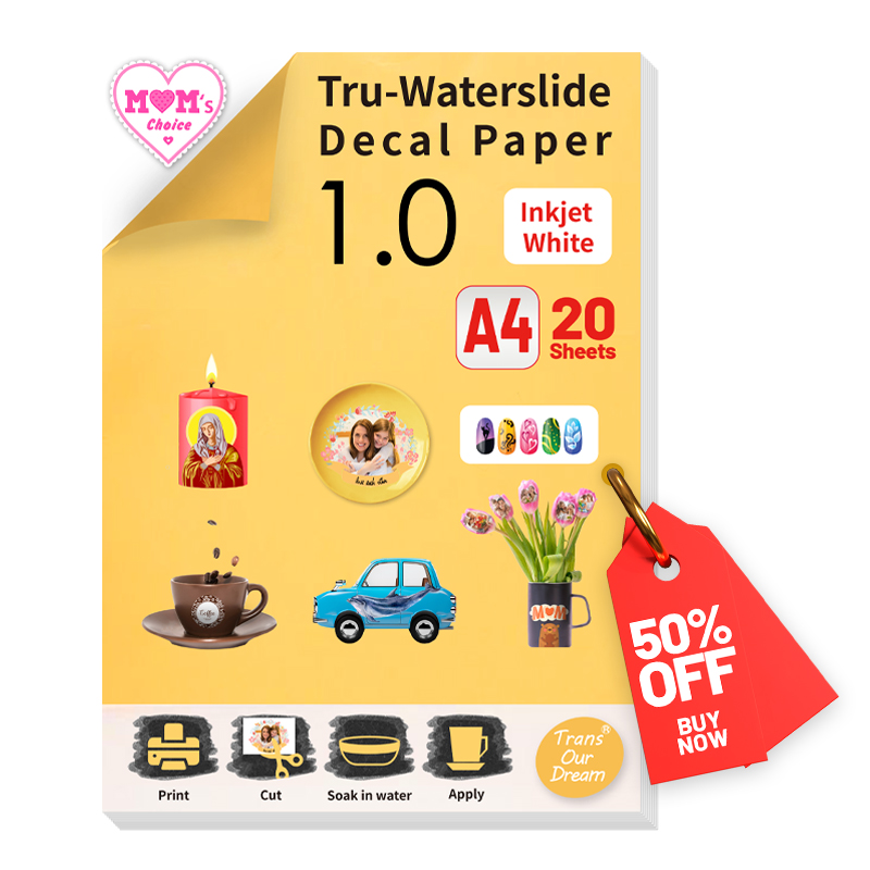 TransOurDream A4 20PCS WEIß Waterslide Aufkleber Transfer Papier Inkjet für Trinkgläser Tassen Gläser Craf