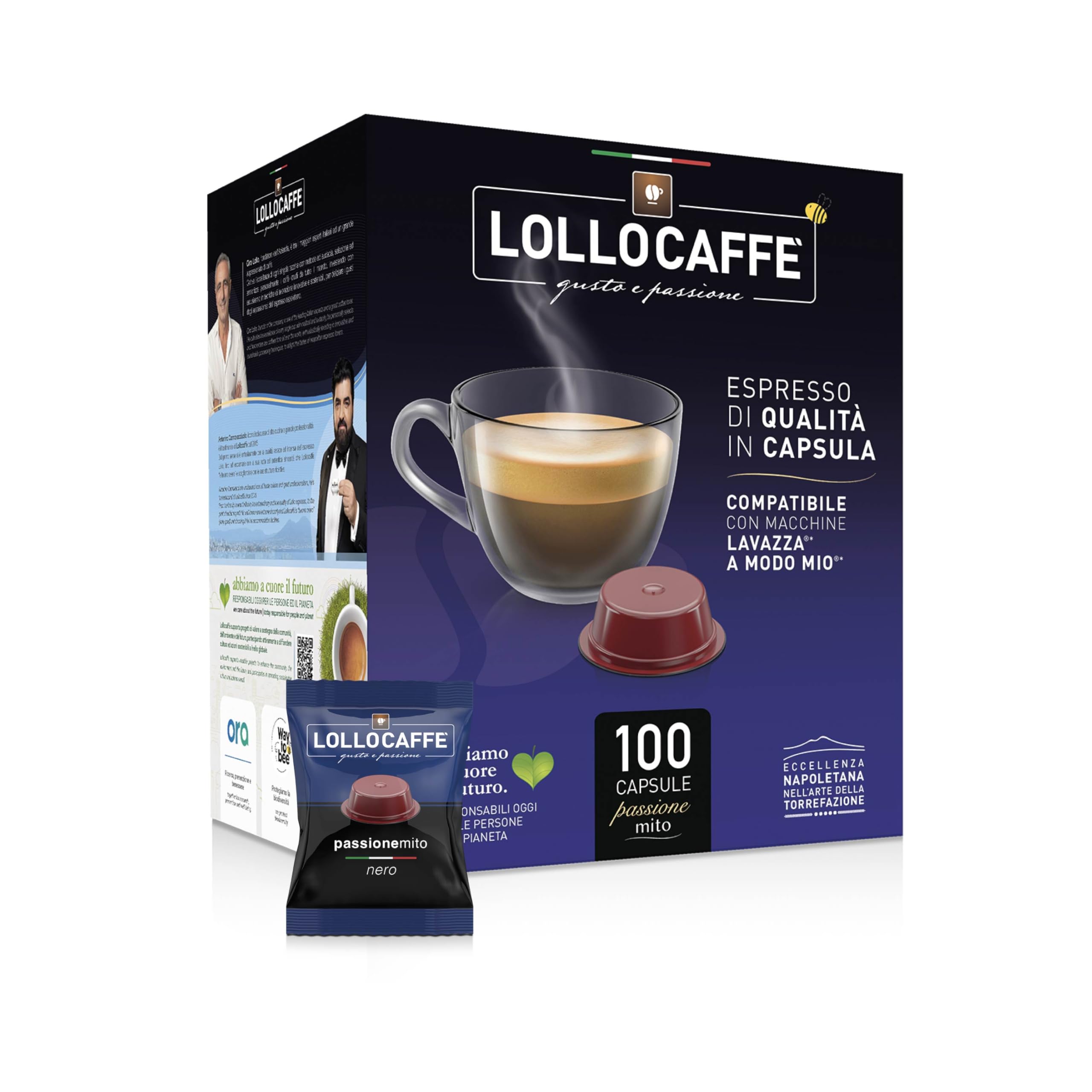 Lollo Coffee-100 Cápsulas Café-Negro Compatible Lavazza Mio Tostador Intenso