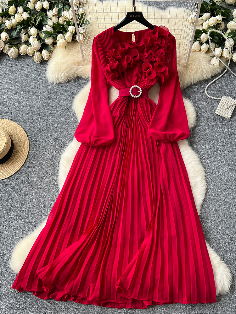 Robe élégante en mousseline de soie pour femmes, nouvelle mode printemps-automne 2026, bord champignon français, sertissage, ample, manches longues, robe longue, C141