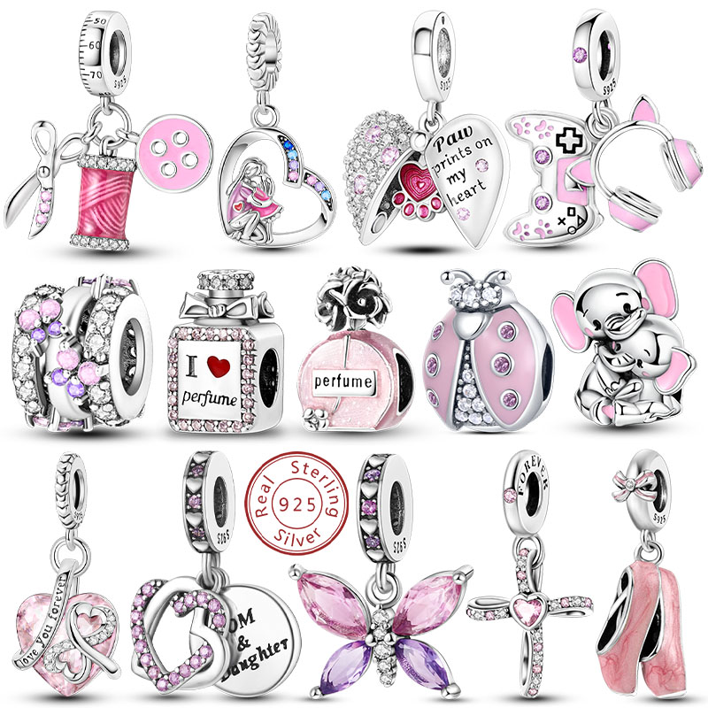 Dijes rosas originales de Plata de Ley 925, lazo de corazón, botella de Perfume, colgantes de cuentas, aptos para pulsera, fabricación de joyas DIY para mujer