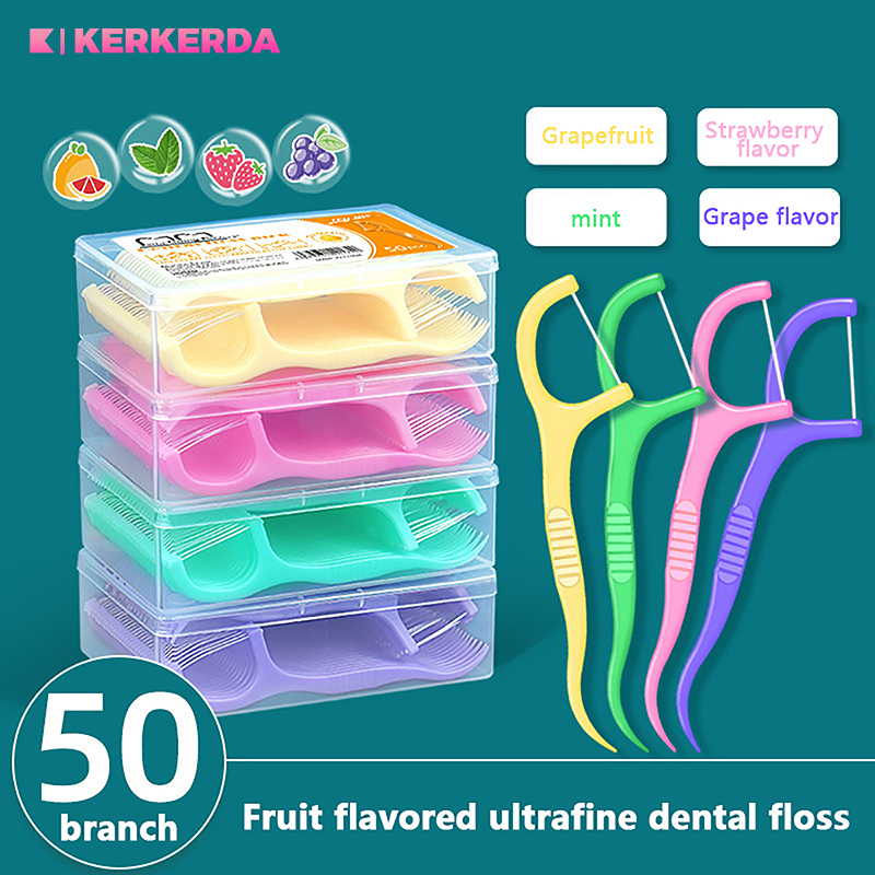 50 stks/doos Floss Tandenstoker Set Kleurrijke Fruitsmaak Tandzijde Stok Gebitsreiniging Tandzijde Pick Mondhygiëne Zorg