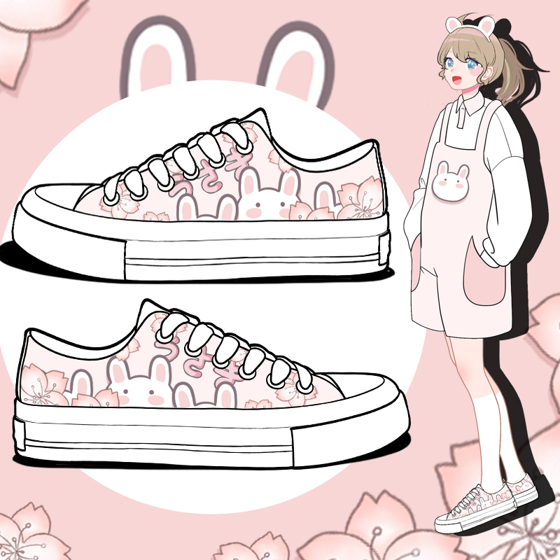 Amy en Michael Mooie Anime Bunny Handgeschilderde Canvas Schoenen Zoete Meisjes Studenten Casual Platte Lage Top Sneakers Dames Trainers