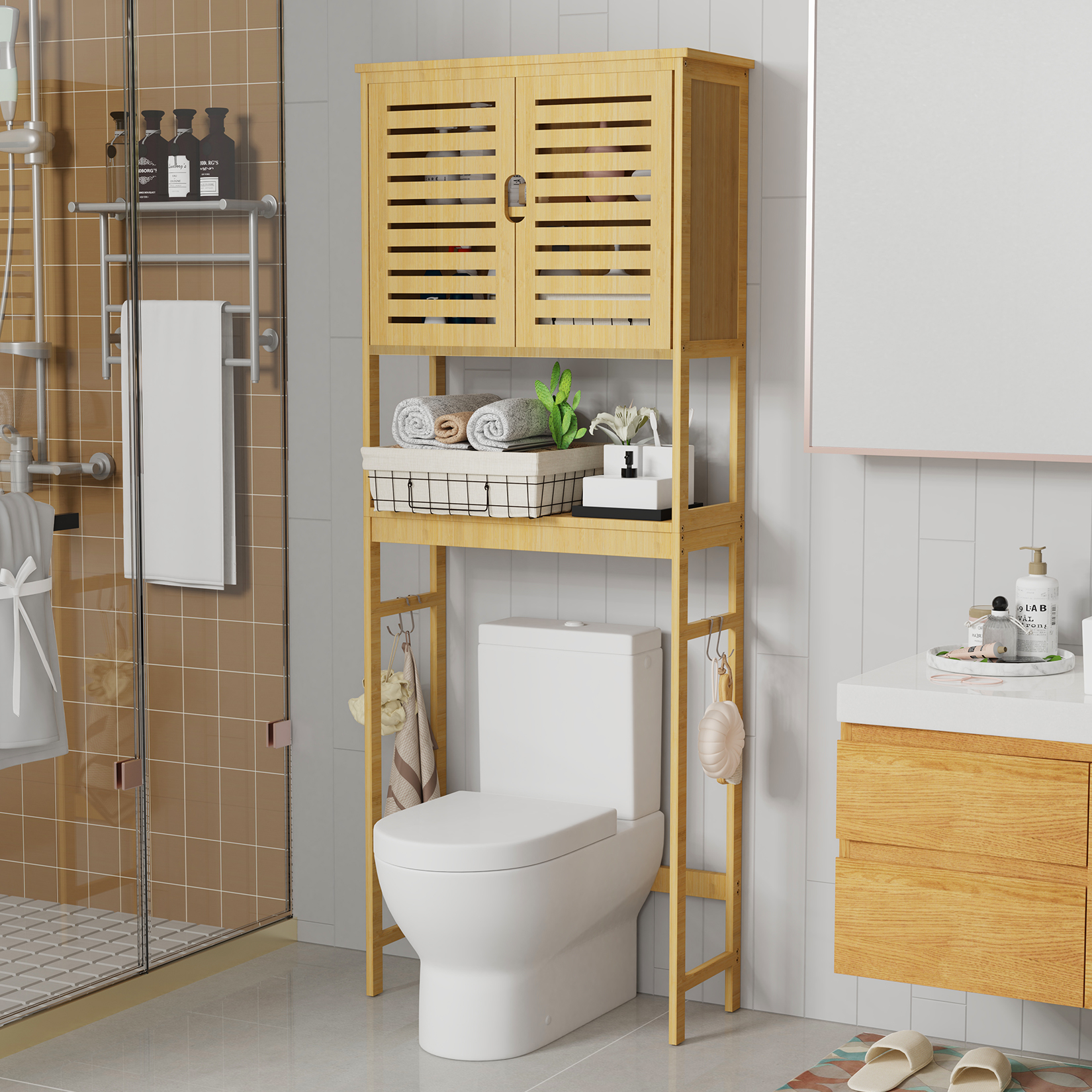 Gabinete de almacenamiento para baño sobre el inodoro, estante organizador alto de bambú de pie