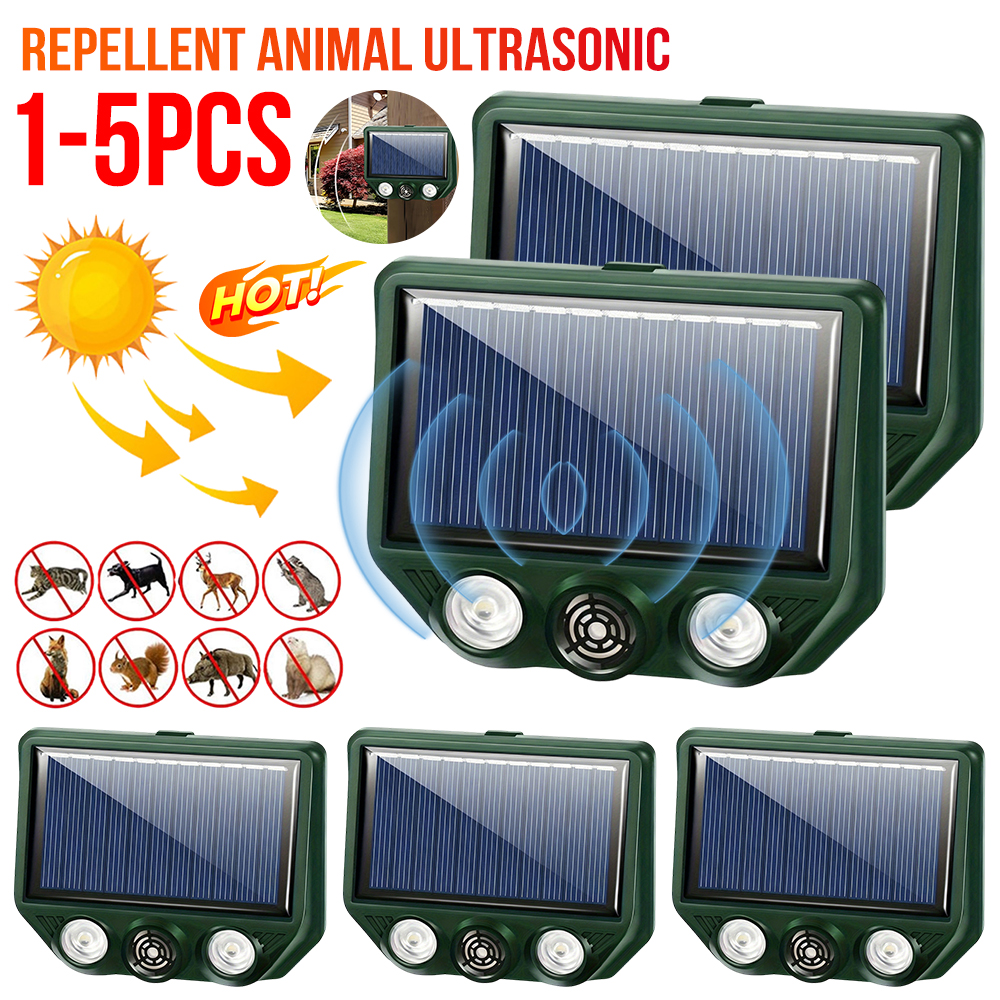 Ahuyentador ultrasónico solar para animales, sensor de plagas para exteriores, repelente de perros/gatos/pájaros (SOLO funciona de noche!)