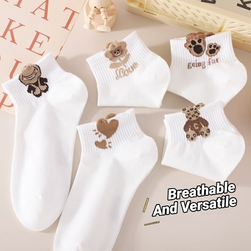 5 paires de chaussettes à motif ours en peluche pour femmes, polyvalentes, à la mode, créatives, respirantes, confortables et décontractées