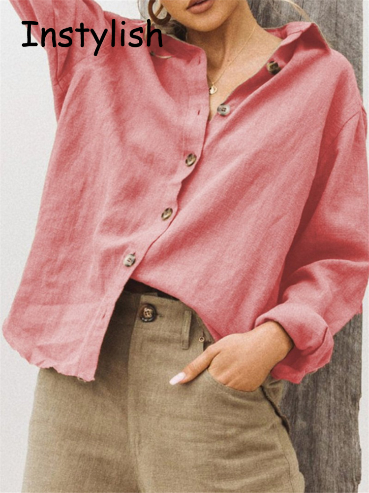 เสื้อเชิ้ตฮาราจูกุผู้หญิงวินเทจแขนยาวลำลองผ้าฝ้ายสีทึบและผ้าลินินเสื้อเบลาส์โอเวอร์ไซส์เสื้อสตรีทไซส์ใหญ่พิเศษ