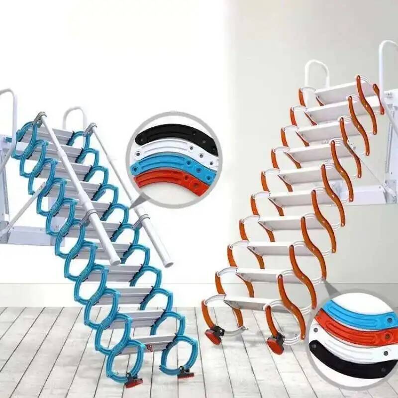 Koolstof telescopische stalen ladders voor thuis, binnen, buiten, aan de muur gemonteerde Byd Nautt Vouwladder, ruimtebesparende zolderlifttrap