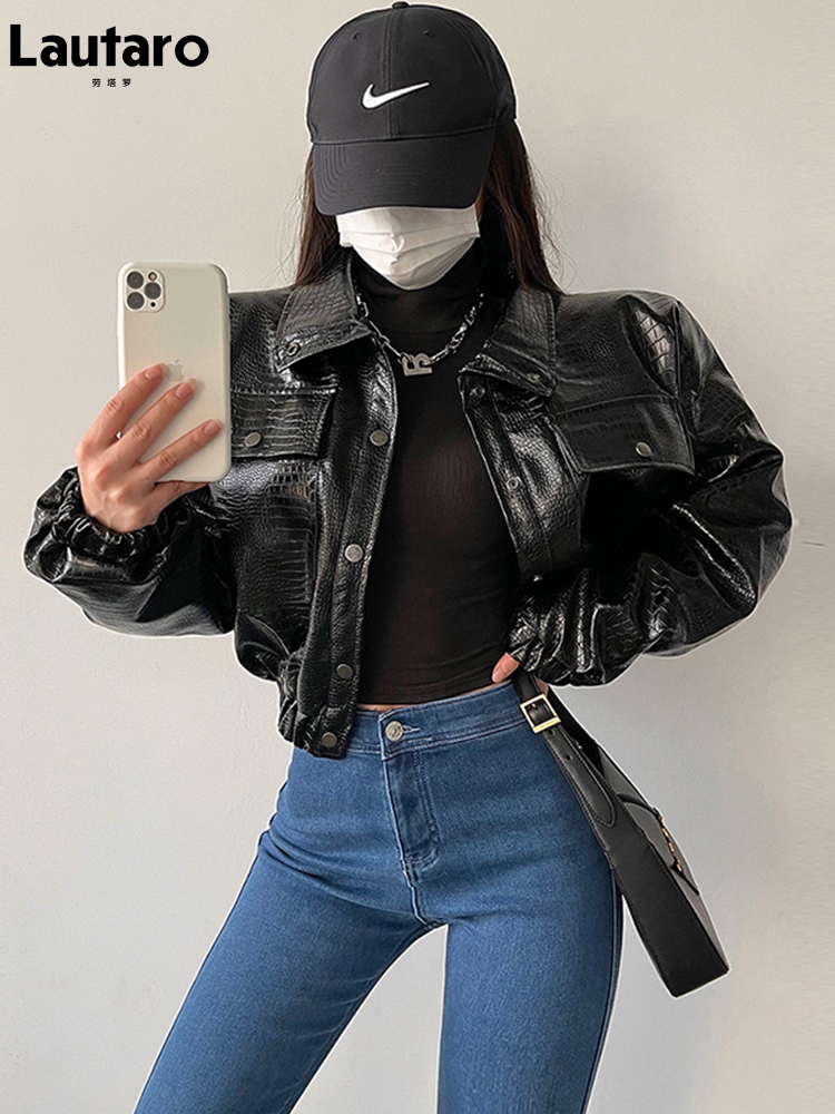 Kunstlederjacke mit Lautaro-Krokodildruck für Damen, kurz, cool, übergroß, europäische Mode-Streetwear, Knopfleiste, Frühling