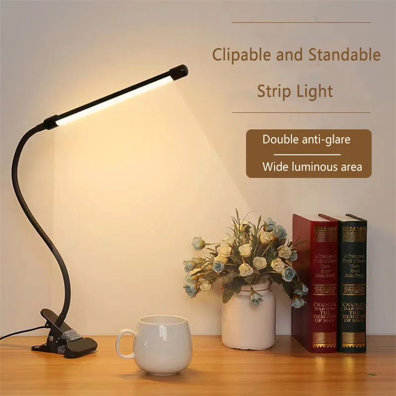 Luminária de Mesa LED Tipo Clip, para Dormitório Estudantil, Quarto, Mesa de Escritório, Luminária de Leitura ao Lado da Cama, Luminária de Mesa Pequena com Proteção para os Olhos, Preta