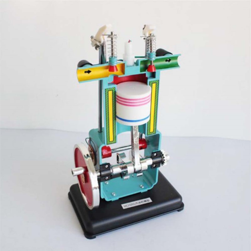 Estudiantes estudiar modelos de motor de gasolina, motor de cuatro tiempos, modelo de física, experimento, instrumento para enseñar física