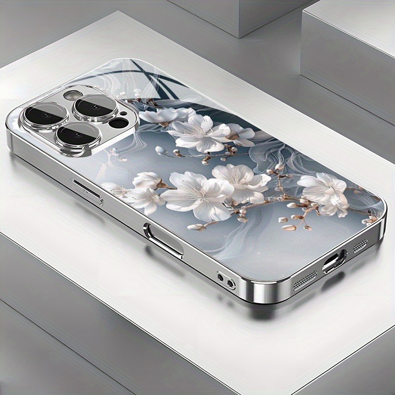 Elegante custodia per telefono in vetro temperato elettrolitico floreale bianco per iPhone 17 16 15 14 13 12 11 Pro Max Plus 16E 17 Air Tpu Cover