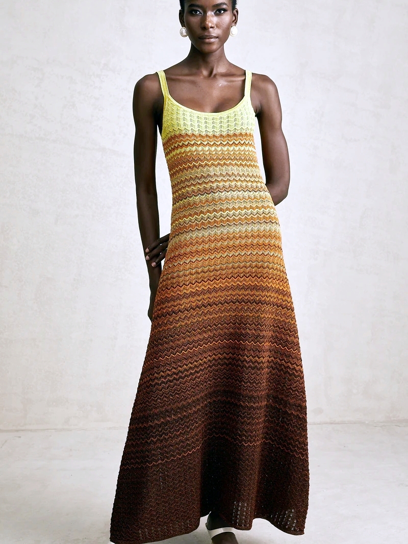 Diseño de marca de lujo para mujer elegante bohemio africano lentejuelas doradas Maxi sin mangas vestido de fiesta de noche para vacaciones ropa de punto para mujer