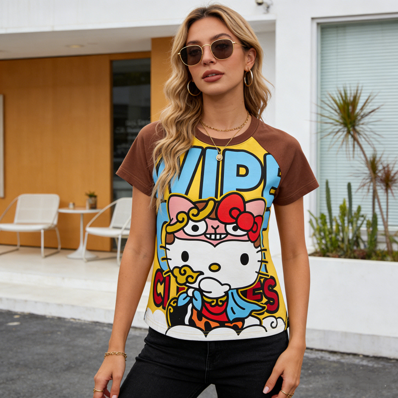 Женская летняя укороченная футболка с коротким рукавом и принтом Hello Kitty в стиле ретро Y2K, облегающий топ с вырезом на плече