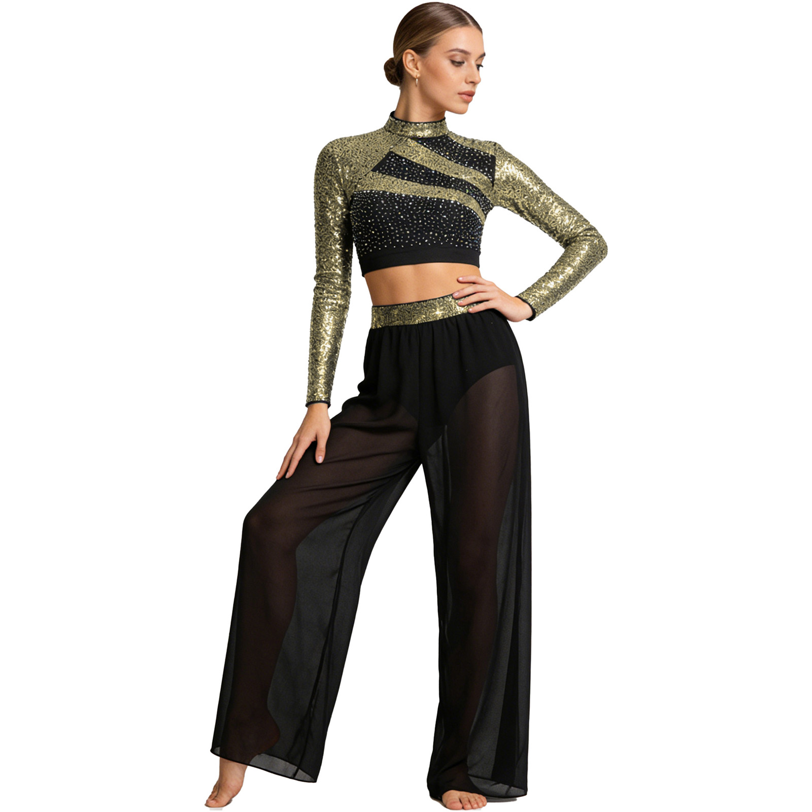 Women Lyrical Dance Set Ballet Jazz Latin Dance Costume Long Sleeve Sequin Crop Top with Sheer Mesh Side Slit Dance Pants Outfit
