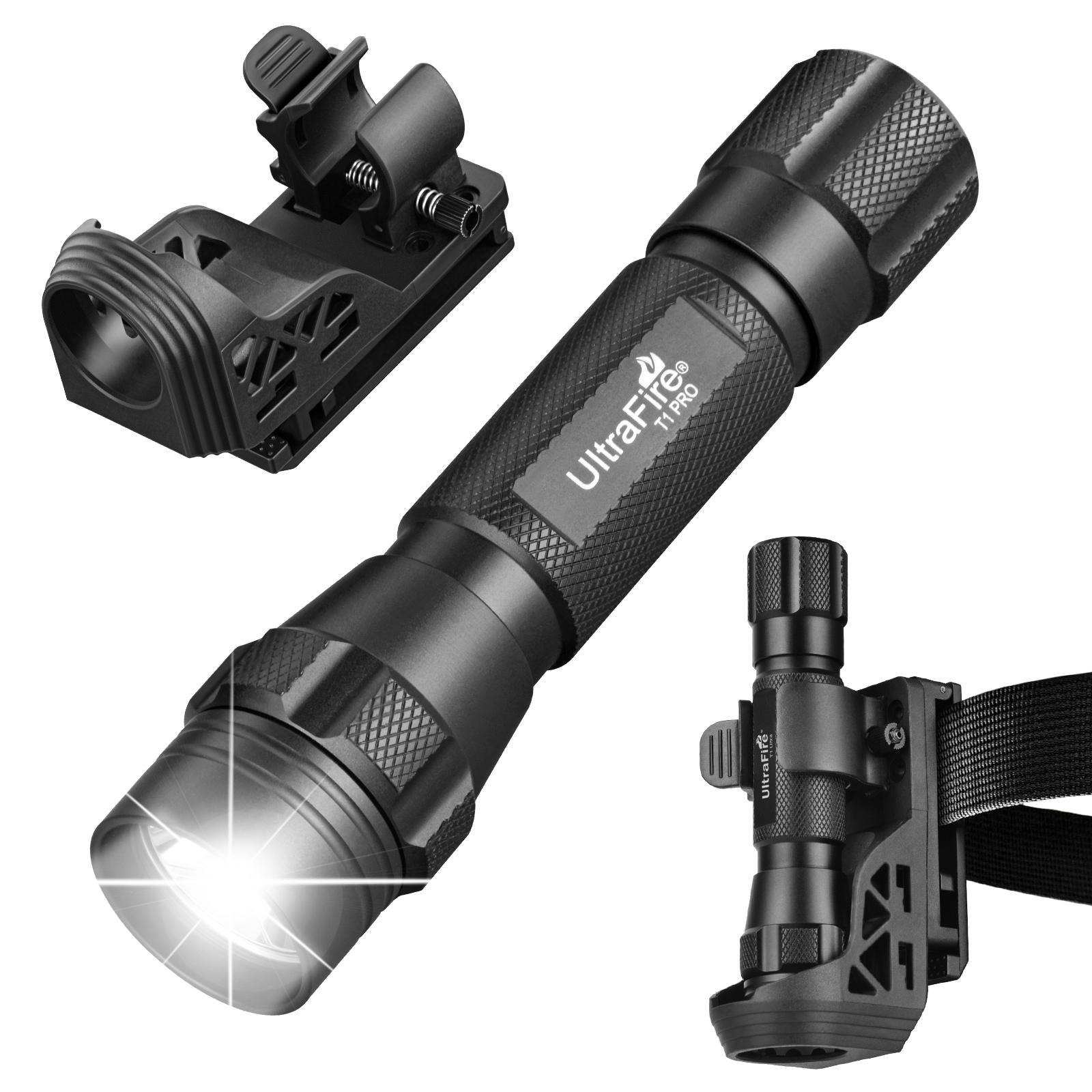 UltraFire T1 Pro Latarka Taktyczna Mocna 1200 Lumenów LED z Kaburą na Pasek W66 18650 Akumulatorowa Policja Ochrona EDC