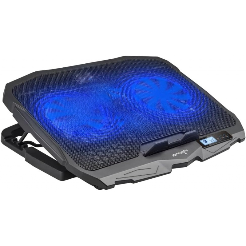 แผ่นระบายความร้อนสำหรับแล็ปท็อปแบบ LED – พัดลมคู่ (125 มม.+70 มม.) ไฟ RGB ควบคุมความเร็วหน้าจอ LCD ปรับได้ 4 มุมสำหรับแล็ปท็อปขนาด 9″–17″ – เงียบเป็นพิเศษ