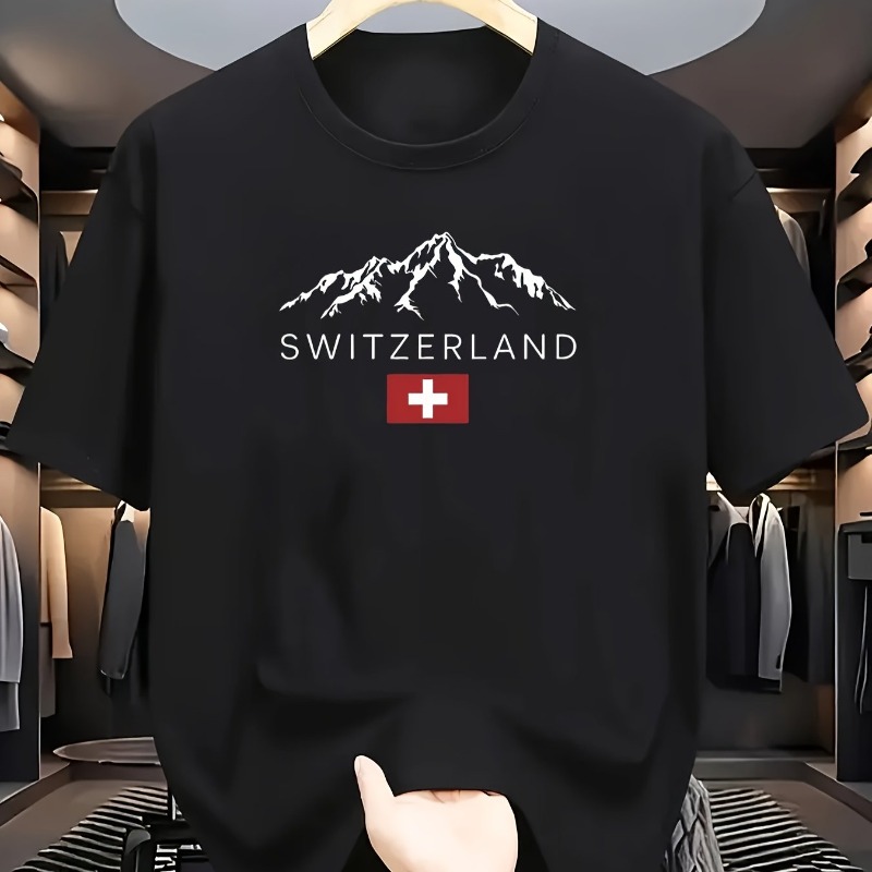 Camiseta de manga corta con cuello redondo y estampado de montaña suiza para hombre, 100% algodón, informal, holgada, deportiva, a la moda, para verano