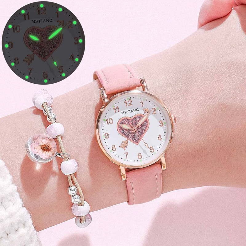 Bonito em forma de coração dial brilhante relógio infantil luminoso fluorescente feminino estudante moda relógio simples amor à primeira vista