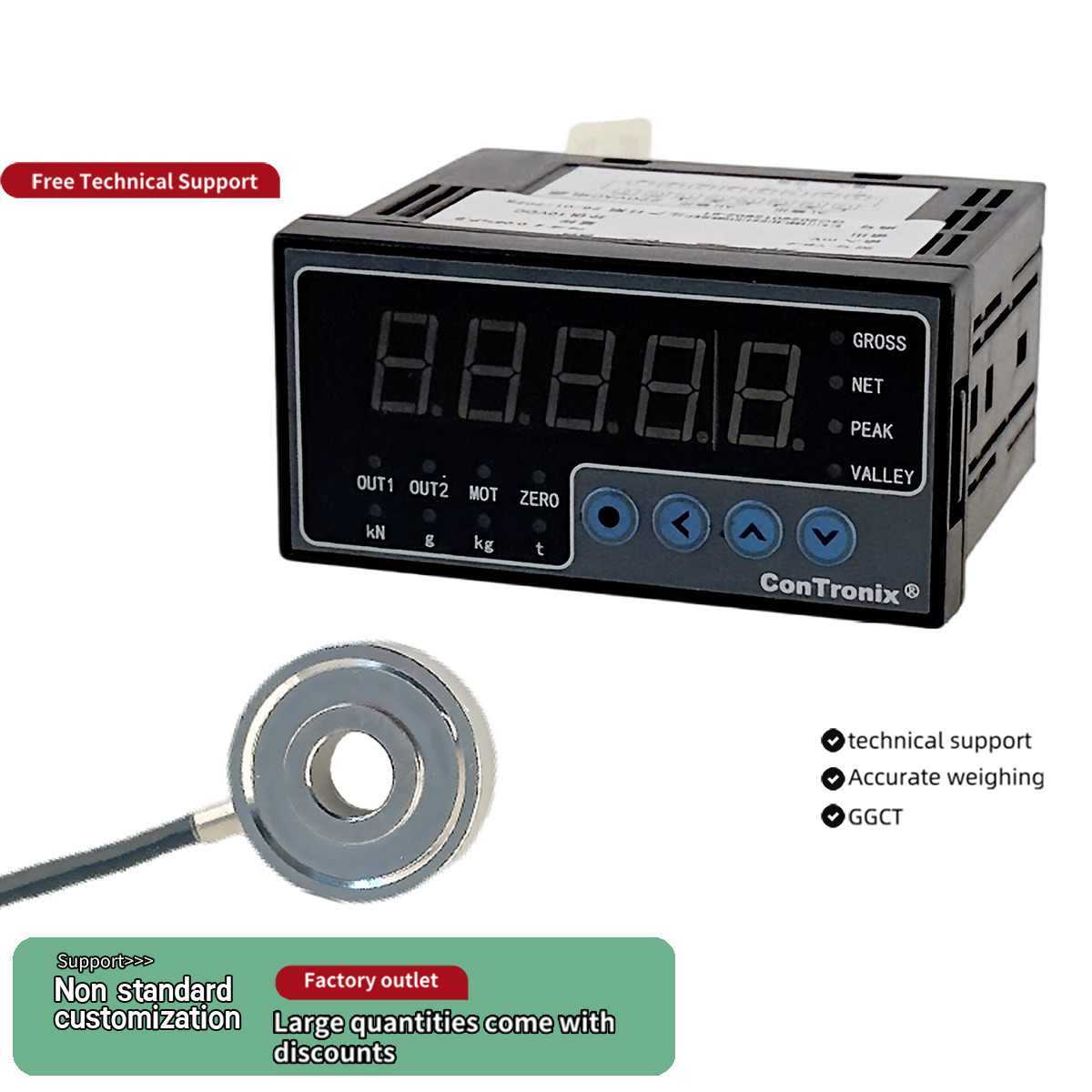 ConTronix Digitale Load Cell Controller Kit, Donut Load Cell met doorvoergat, 50kg-5t compressiekrachtsensor met display