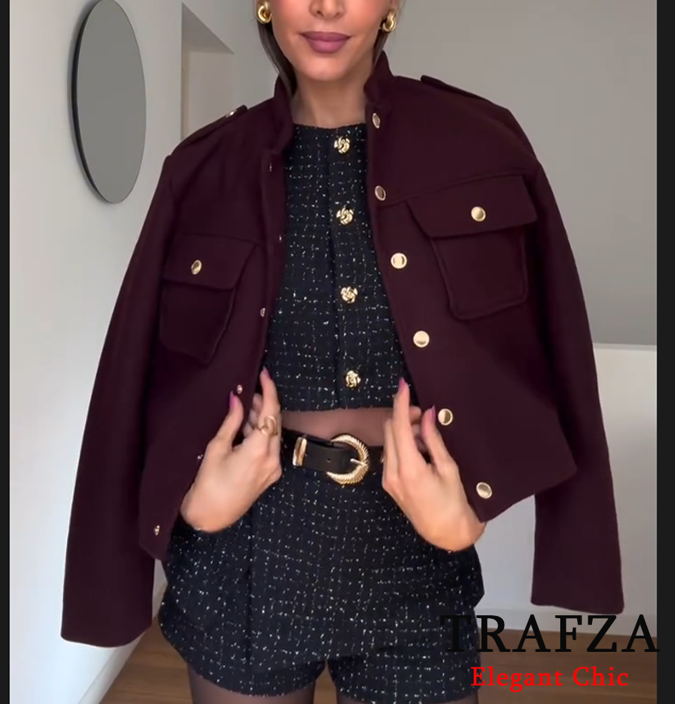 TRAFZA Damen Vintage-Jacke aus weichem Tweed, goldfarben, Knopfleiste, halber Kragen, Neu, 2025, Frühling und Herbst, modische tiefe Burgunder-Jacke