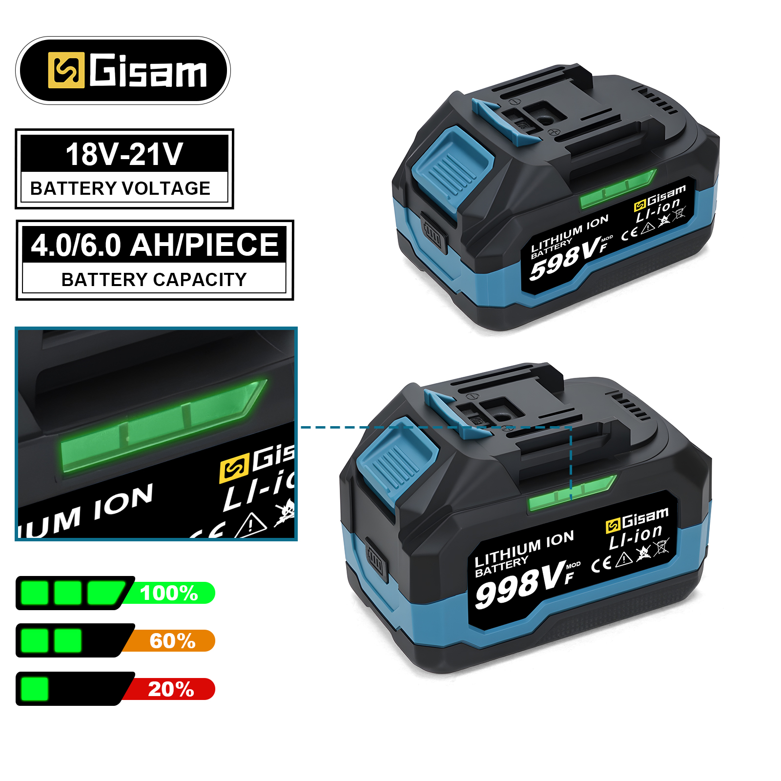 Akumulator Gisam 4.0AH 6.0AH do elektronarzędzi litowo-jonowy z wskaźnikiem LED, pakiet baterii do akumulatorów Makita 18V
