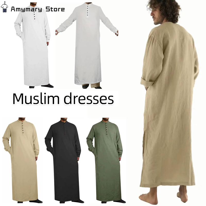 1 peça de manga longa cor sólida masculino muçulmano robe abaya roupas islâmicas túnica vestido camisas de manga longa maxi roupas masculinas casuais