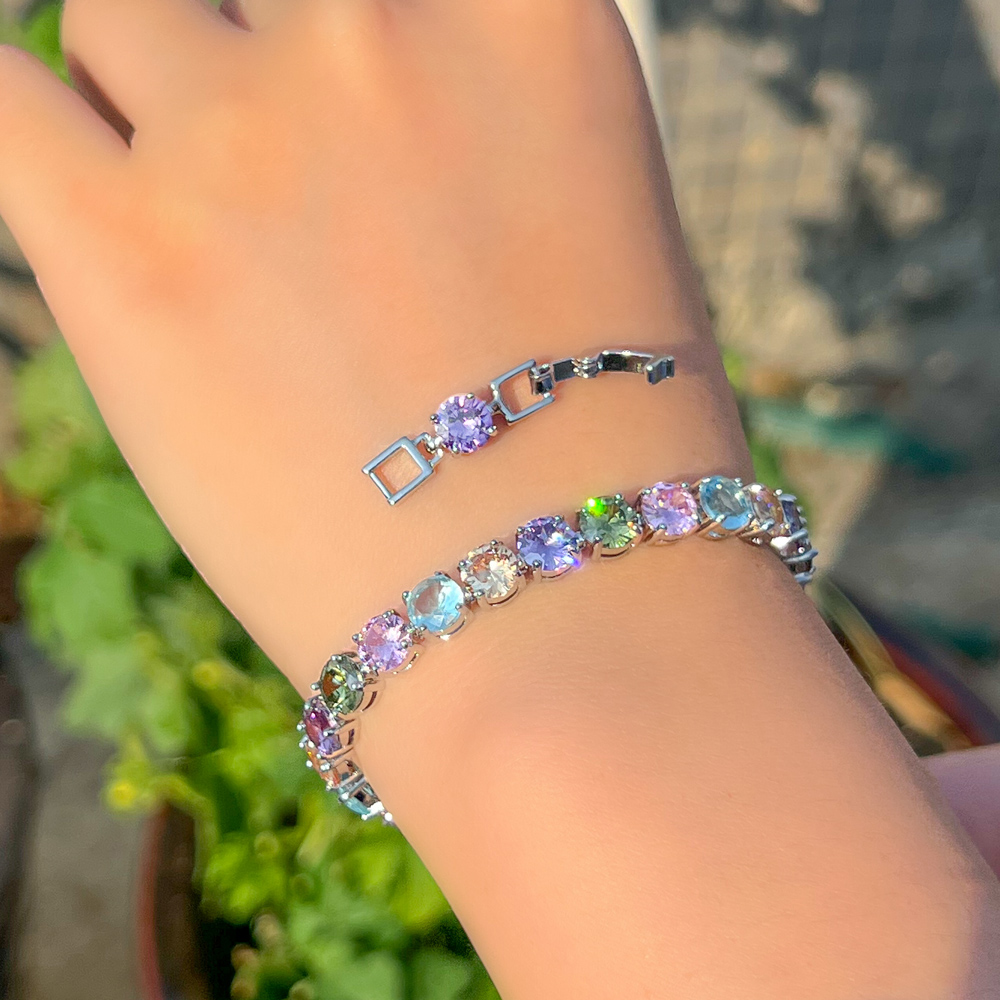 CWWZircons-Multicolor Redondo Cubic Zirconia Pulseiras de Tênis para Mulheres, Pave Cor Prata, Clássico Link Chain, CZ Jóias Presente, CB295
