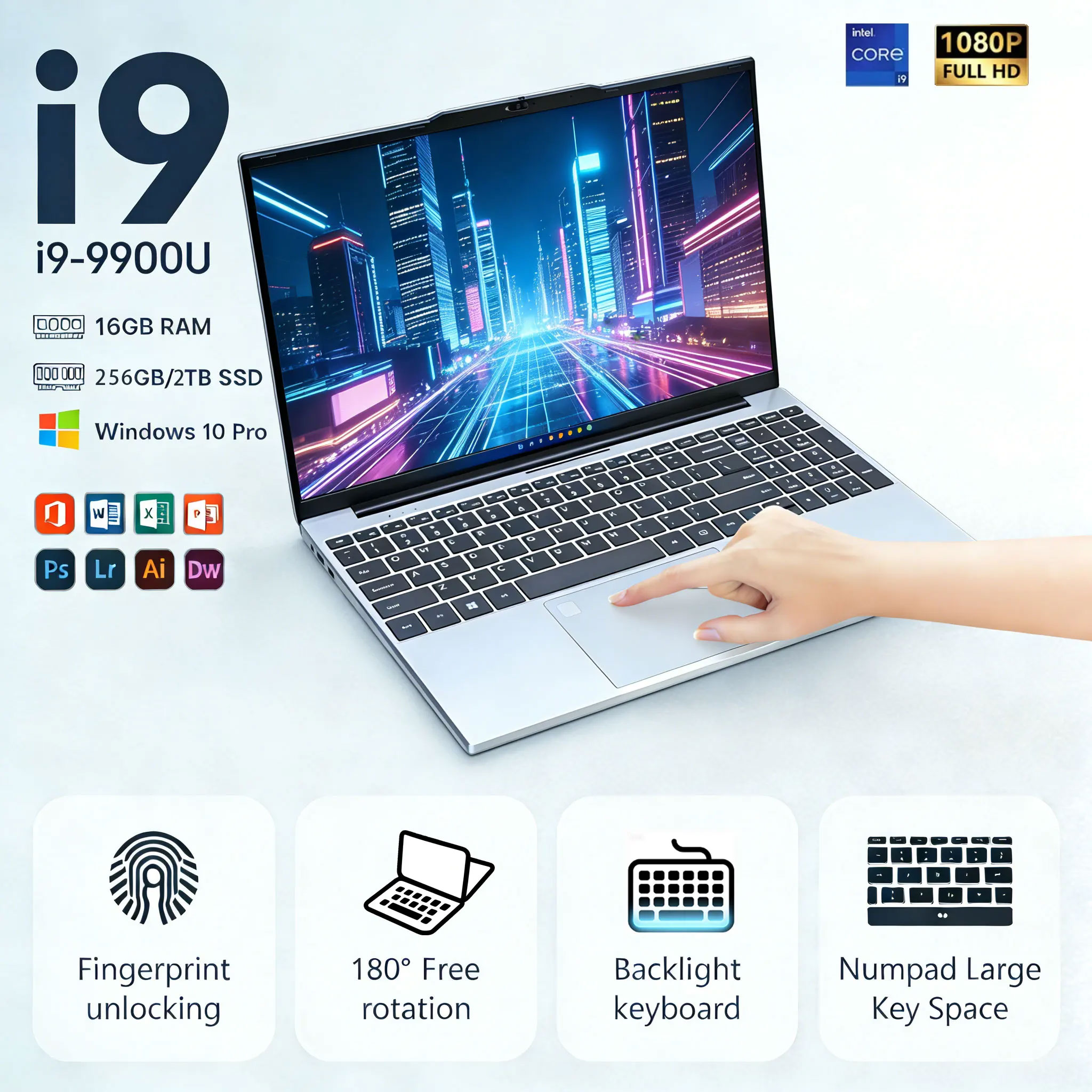 Portátil de 15.6 pulgadas con Intel Core i9-9900, 16 GB de RAM y 1 TB de SSD. Ejecuta Windows 11 Pro. Rápido, confiable y ligero: ideal