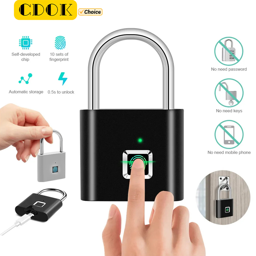 Candado de huella digital CDOK P2, batería recargable incorporada, impermeable al aire libre, fácil de usar