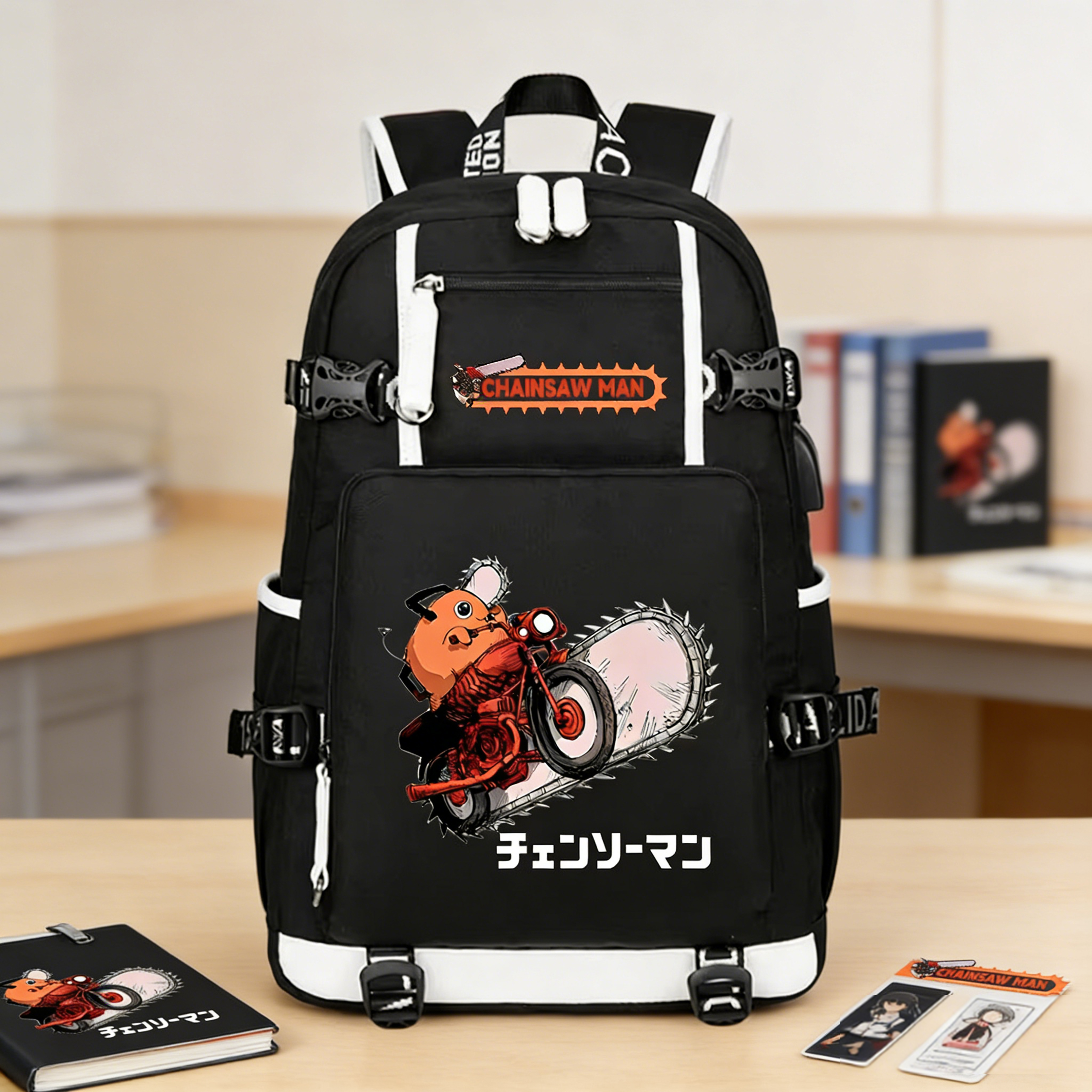 Mochilas escolares Oxford para hombre con motosierra, mochila de Anime Pochita, mochila de viaje de dibujos animados, mochila para ordenador portátil con carga USB, mochila Unisex