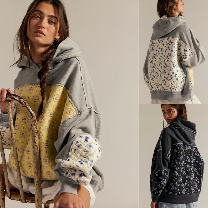 Otoño/Invierno 2025 nueva mujer con capucha bordado Patchwork sudadera pulóver cómodo Casual manga larga negro impreso Top